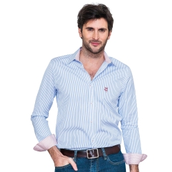 Chemise coupe droite avec rayures bleu et contrastes fleuris