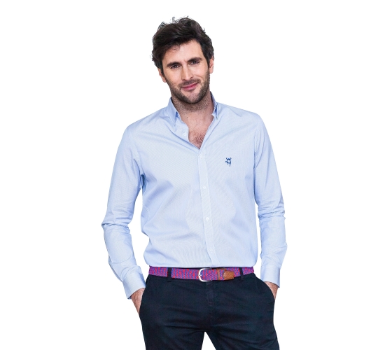 Chemise col boutonné coupe droite avec rayures fines bleu